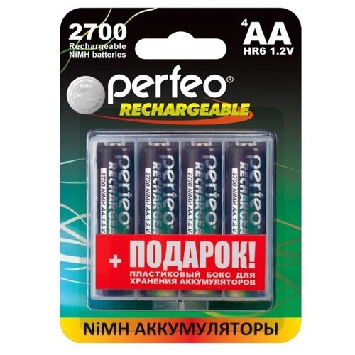 Аккумулятор Ni-Mh 2700 мА·ч 1.2 В Perfeo Rechargeable AA 2700 + Box, в упаковке: 4 шт. аккумулятор ni mh 2700 ма·ч 1 2 в gp rechargeable 2700 series aa зарядное устройство usb powerbank u411 в упаковке 4 шт