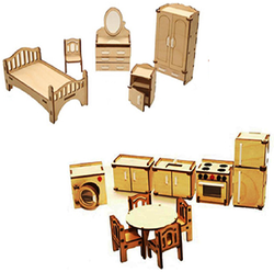 Комплект сборной кукольной мебели - Кухня и спальня