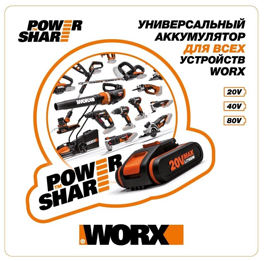 Аккумулятор Worx WA3551, 2А*ч, 20 В, коробка