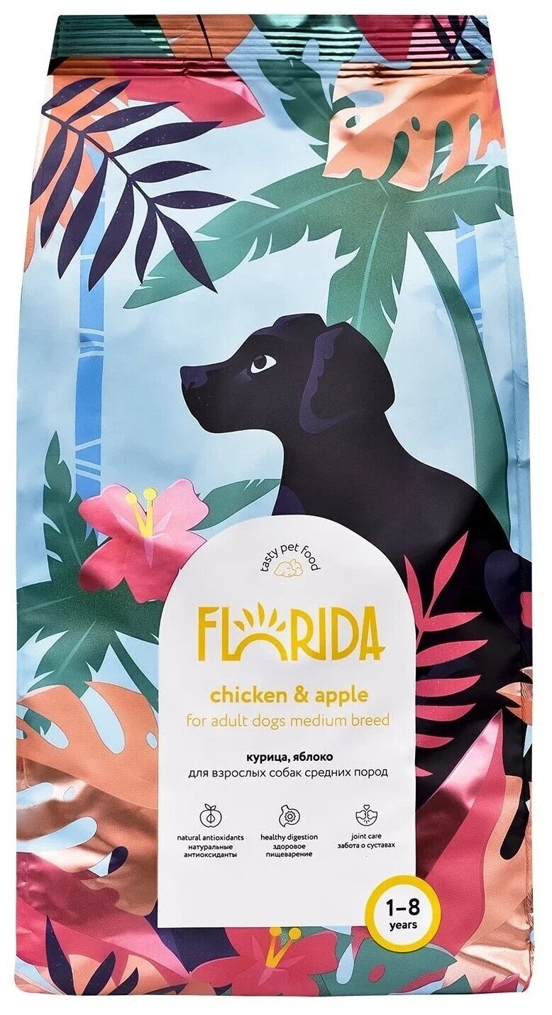 Сухой корм FLORIDA для взрослых собак средних пород: курица с яблоком 1кг