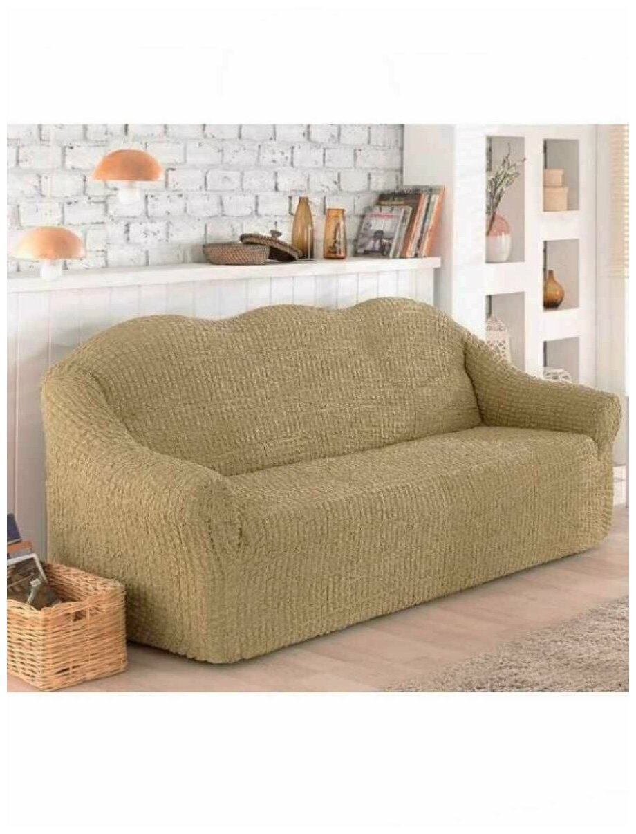 фото Чехол на диван трехместный без оборки, на резинке, универсальный, с подлокотниками, накидка дивандек на диван