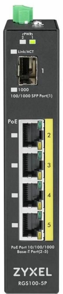 Промышленный PoE+ коммутатор Zyxel RGS100-5P, 4xGE PoE+, 1xSFP, крепление на стену/DIN-рейку, IP30, два источника питания DC, бюджет PoE 120 Вт (RGS100-5P-ZZ0101F) - фото №6