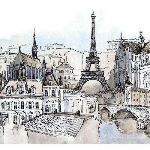 Моющиеся виниловые фотообои GrandPiK Акварель Франция Париж Эйфелева башня, 300х300 см
