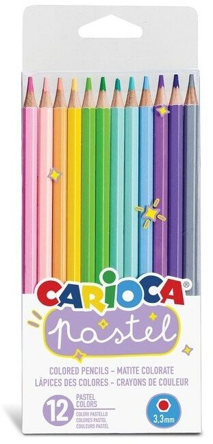 CARIOCA Карандаши 12 цветов Carioca Pastel, деревянные, шестигранные, нежные пастельные цвета. грифель 3,3 мм, ПВХ. европодвес