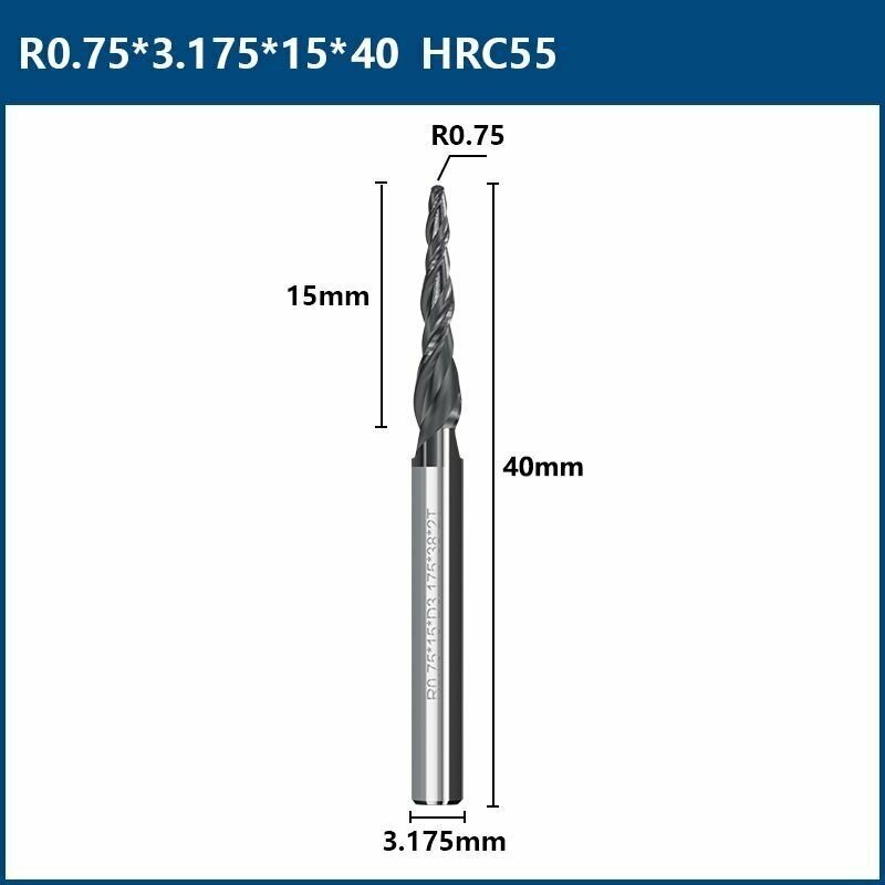 Фреза спиральная двухзаходная конусная сферическая XCAN 0,75х15х3,175х40 мм, покрытие TiALN