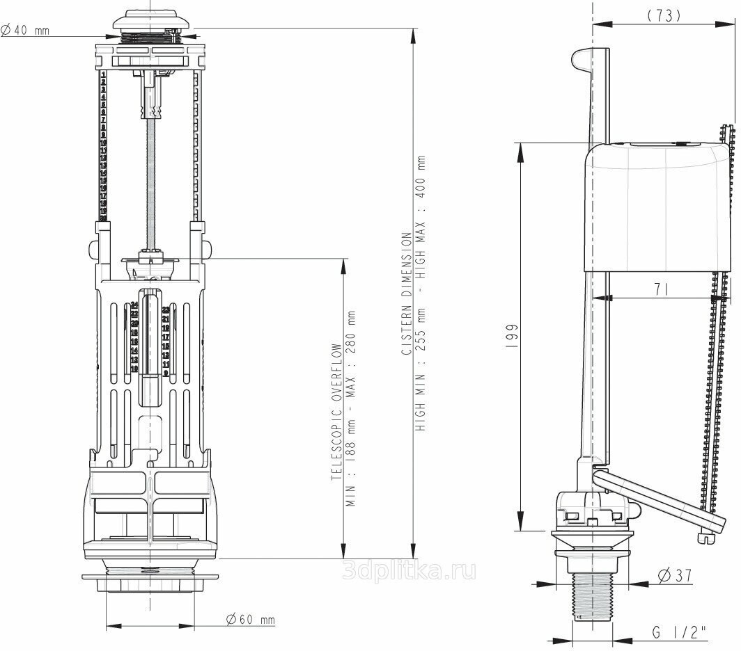 Механизм смыва для бачка Wirquin ONE 3/6 L с донным заливным клапаном - фото №15