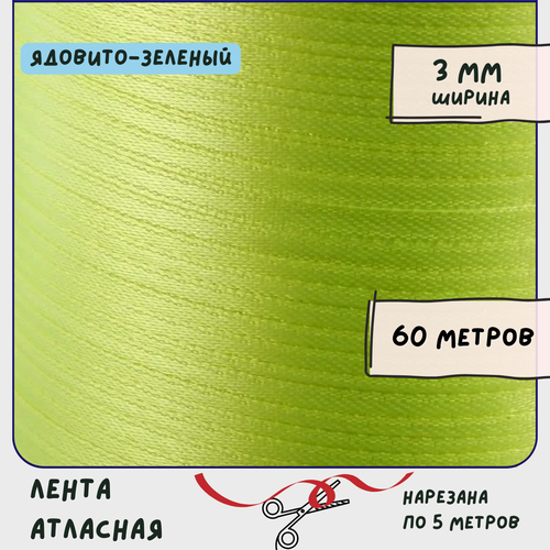 Лента атласная 60 м для вышивки / рукоделия / декора, цвет ядовито-зеленый, ширина 3 мм лента атласная 60 м для вышивки рукоделия декора цвет бледно оранжевый ширина 3 мм