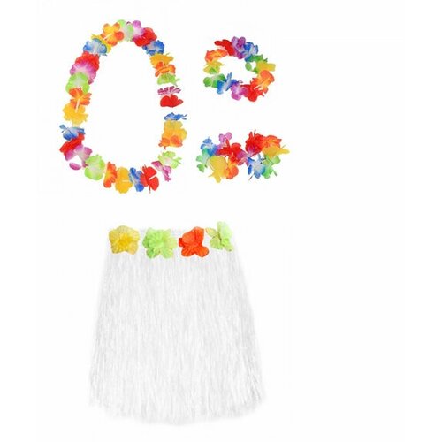 Гавайская юбка белая 40 см, ожерелье лея 96 см, венок, 2 браслета (набор) гавайская юбка разноцветная 80 см ожерелье лея 96 см венок 2 браслета набор