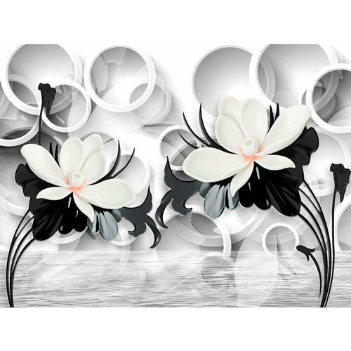 Моющиеся виниловые фотообои Цветы у воды черно-белое 3D, 200х150 см