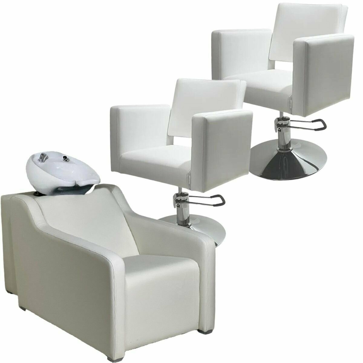 Парикмахерский комплект "Groan", Белый, 2 кресла гидравлика диск, 1 мойка глубокая белая раковина