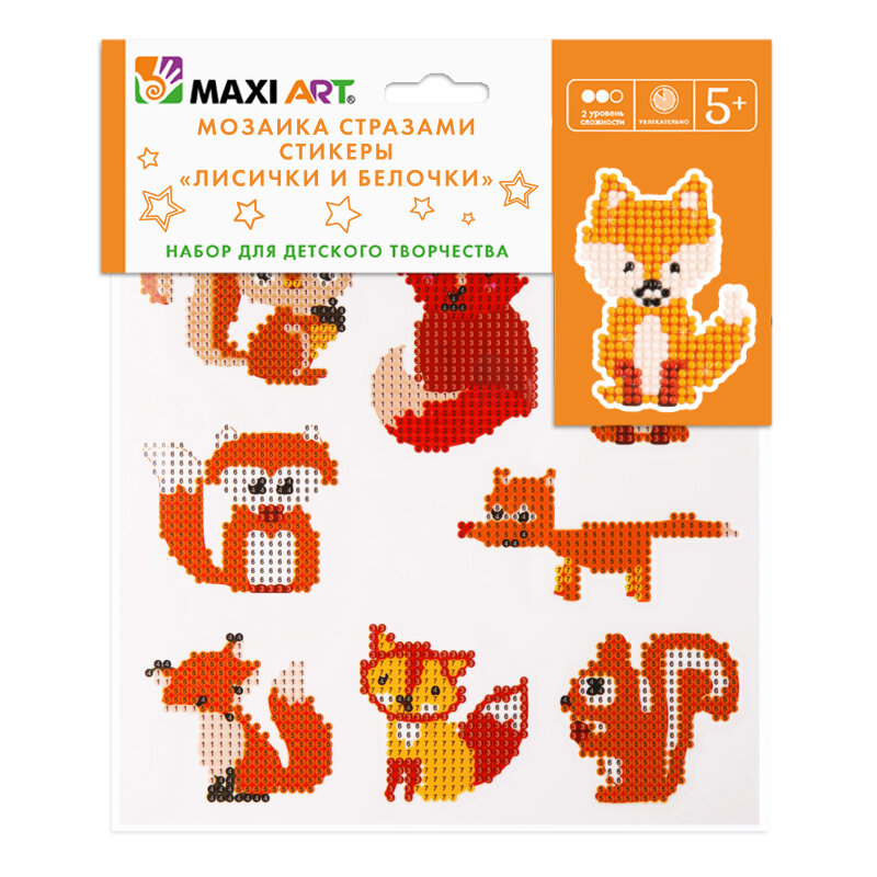 Мозаика Стразами Maxi Art, Набор из 8 Стикеров со Стразами, Лисички и Белочки, 20Х20 см
