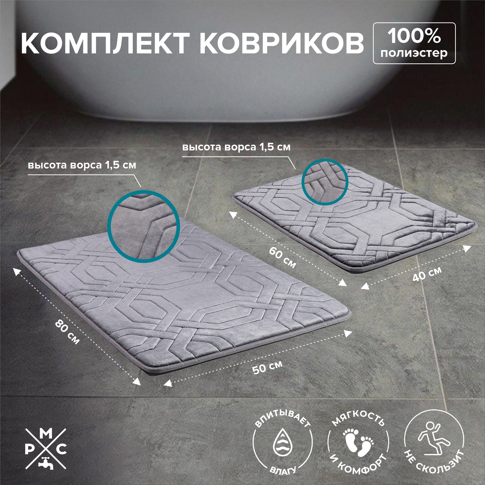 Набор ковриков для ванной и туалета, РМС-КК-09, коврик для ванной, 2 шт, противоскользящий, влагостойкий