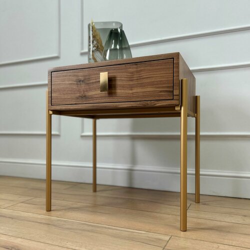 Тумба прикроватная шпон ореха, тумбочка с ящиком напольная на золотых ножках, дизайнерская мебель для спальни Walnut Gold 54х40х56 см