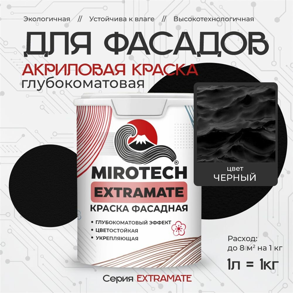 Акриловая краска для фасадов MIROTECH EXTRAMATE для наружных работ, для дерева, камня и кирпича, по бетону и штукатурке, быстросохнущая без запаха глубокоматовая, черный (1л - 1 кг)