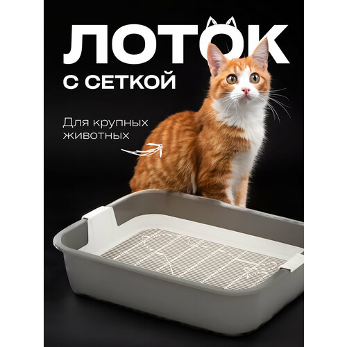 Лоток для кошек высокий пластиковый серый с сеткой, для крупных животных 34х26х7 см