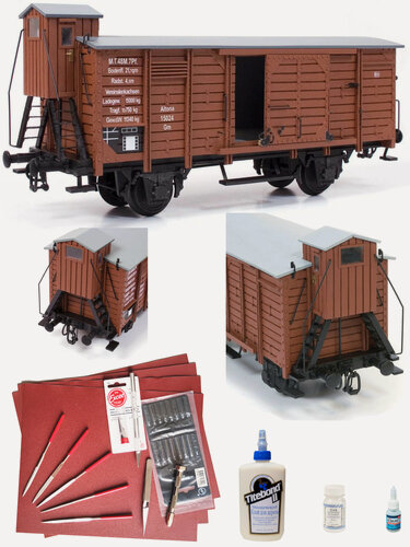 Изображение товара Сборная модель от OcCre, вагон Wagon (теплушка), М.1:32, подарочный набор, с инструментами, лаком и клеями