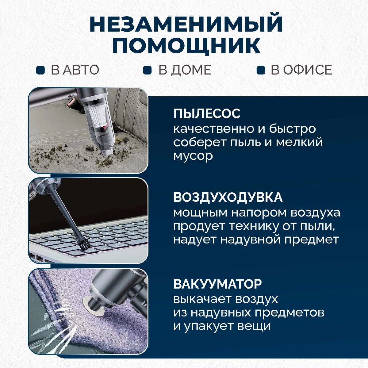Автомобильный пылесос беспроводной 3 в 1. Мини-пылесос для дома, пылесос для автомобиля, мебели, компьютера, аккумуляторный, ручной — фото 1