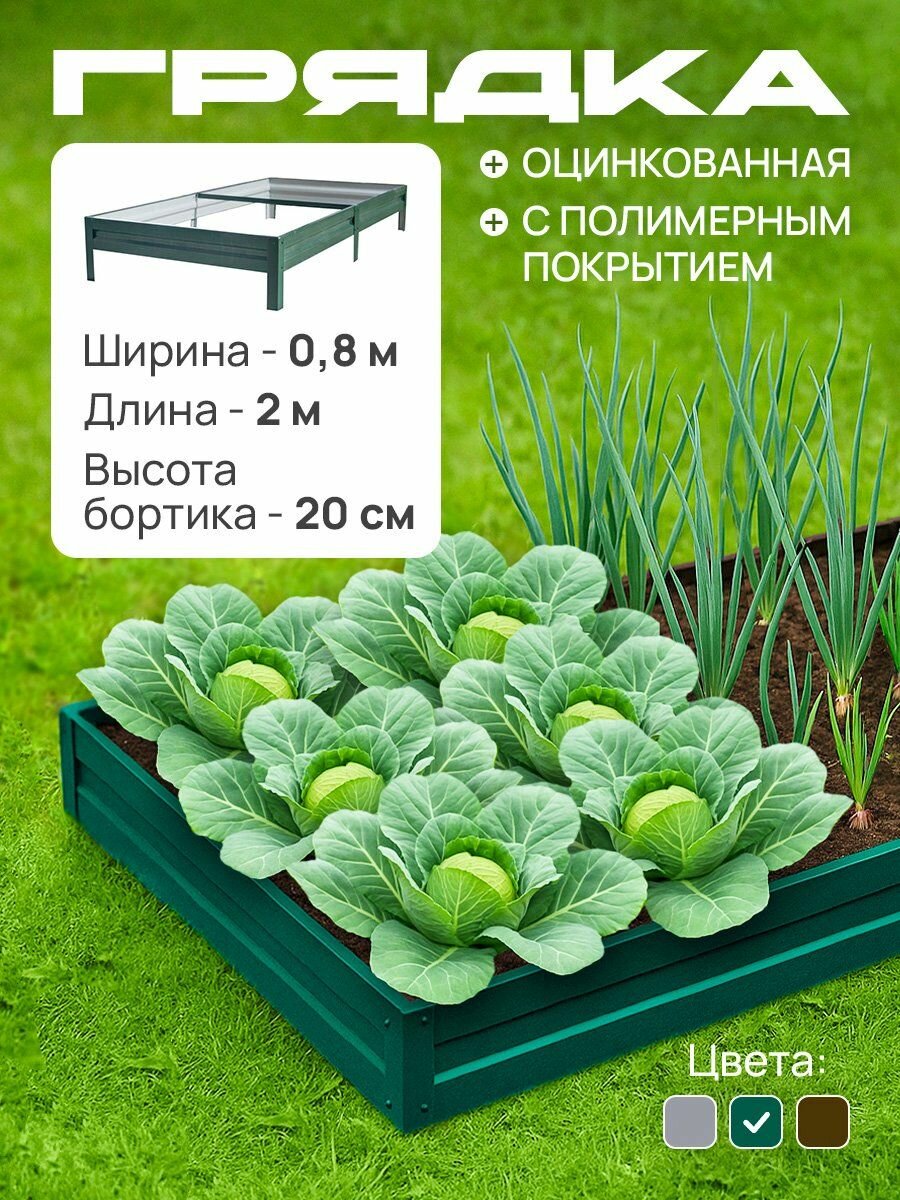 Грядка оцинкованная с полимерным покрытием 0,8х2,0 м, высота 20 см, Цвет: Зеленый мох