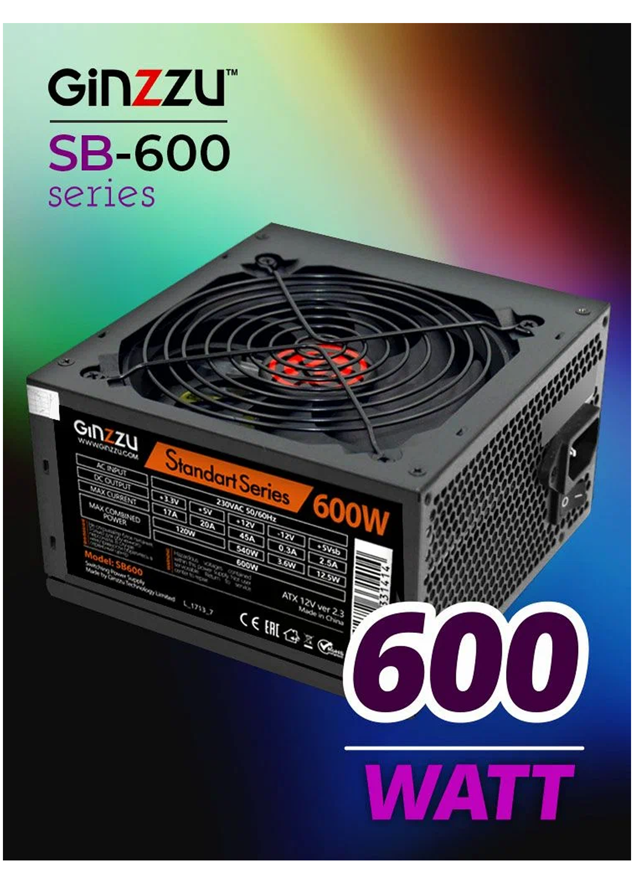 Блок питания Ginzzu SB600 ATX, 12cm fan, 20+4pin CPU (4+4), 4*SATA, 3*IDE , PCI-E (6+2) цвет черный