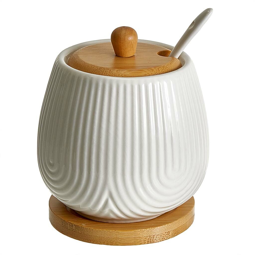 Сахарница с ложкой и крышкой 400 мл на бамбуковой подставке Alpenkok AK5 0014