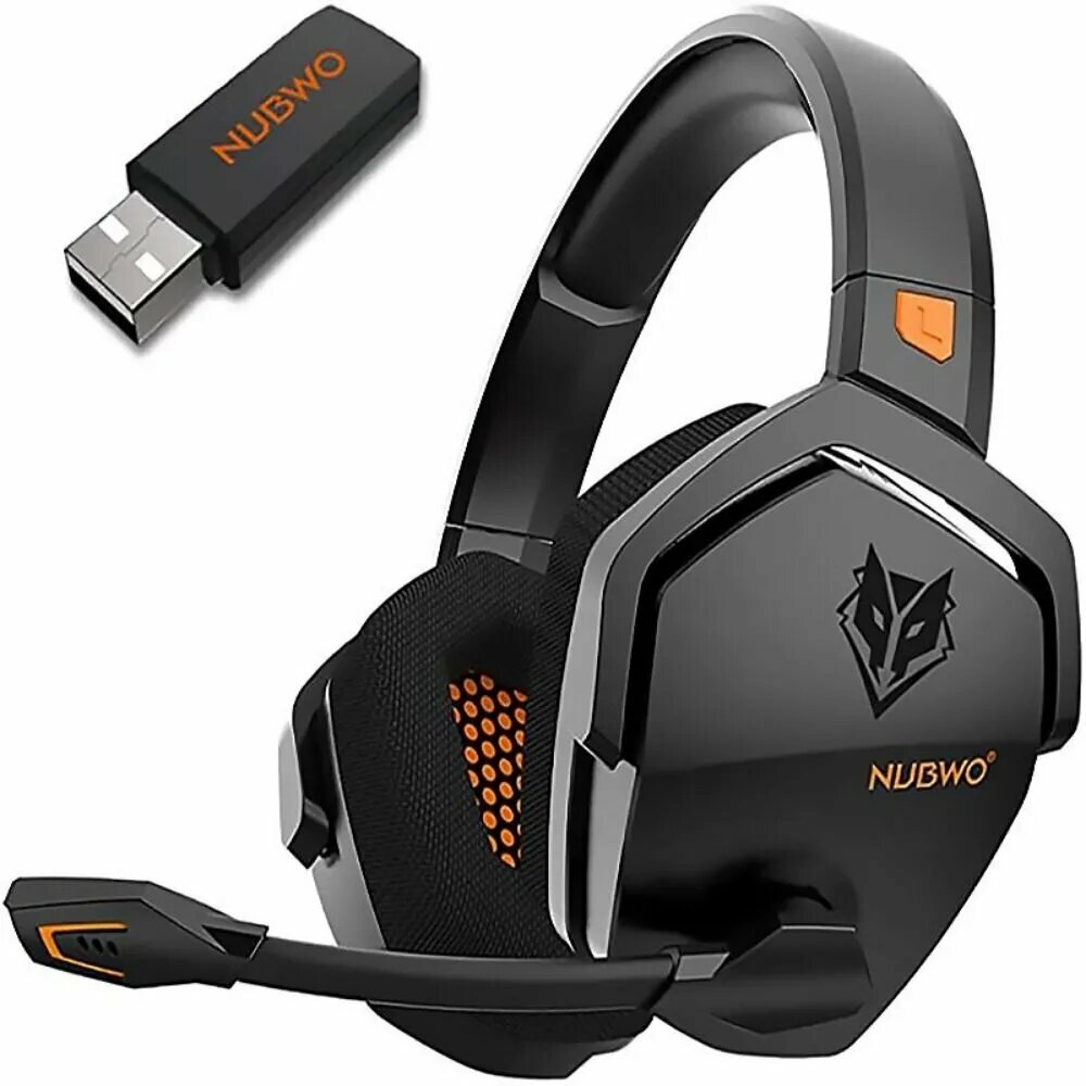 NUBWO Наушники с микрофоном, Bluetooth, Радиоканал, 3.5 мм, USB, черный, оранжевый