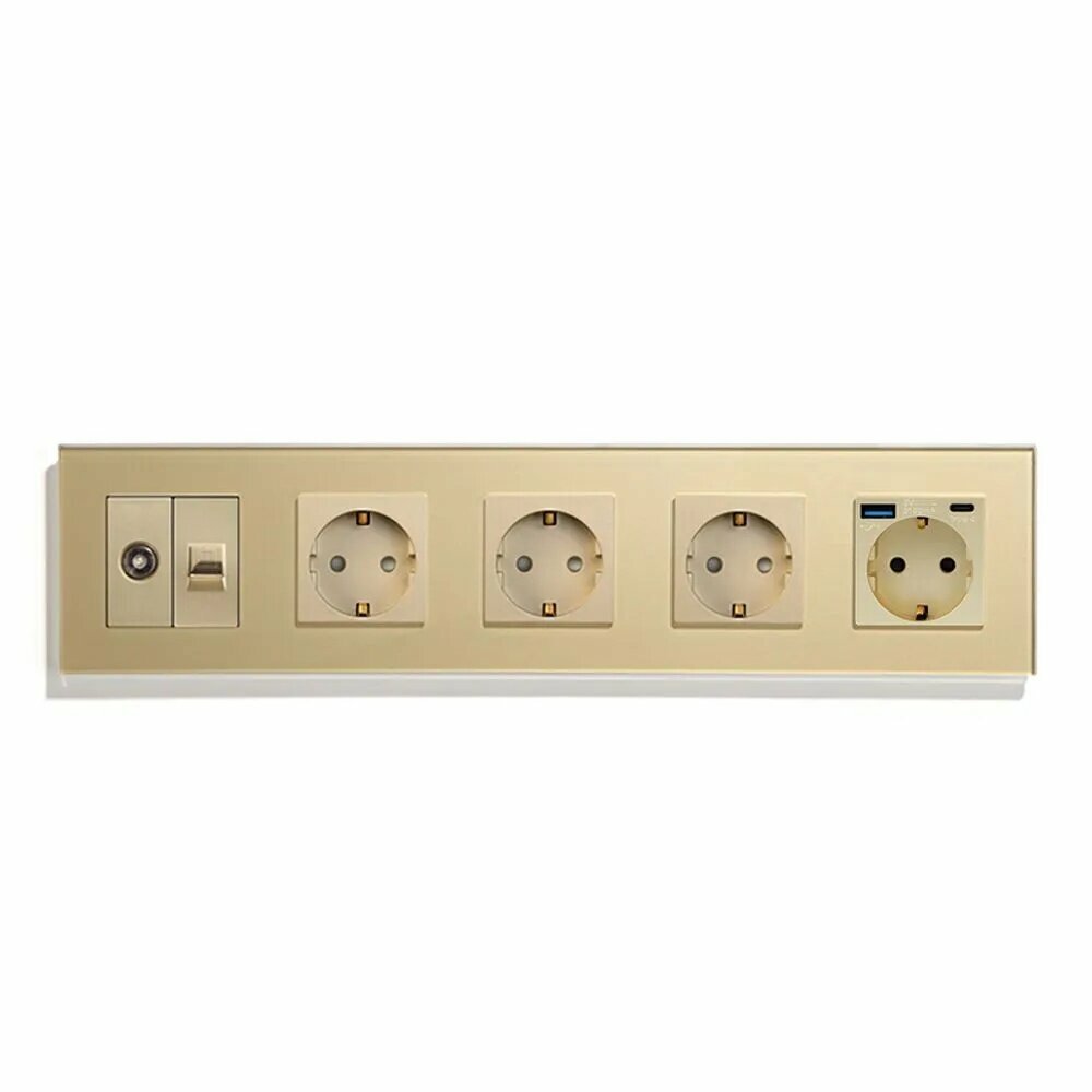 Розетка электрическая 5 поста с USB/Type-C+RJ45 ТВ-Компьютер 220В 16А Стекло Рамка золото
