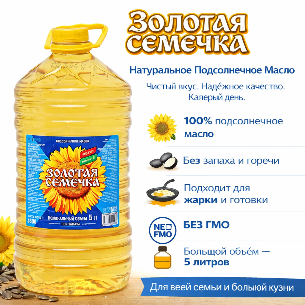 Масло подсолнечное "Золотая Семечка", рафинированное, в пластиковой бутылке, 5л