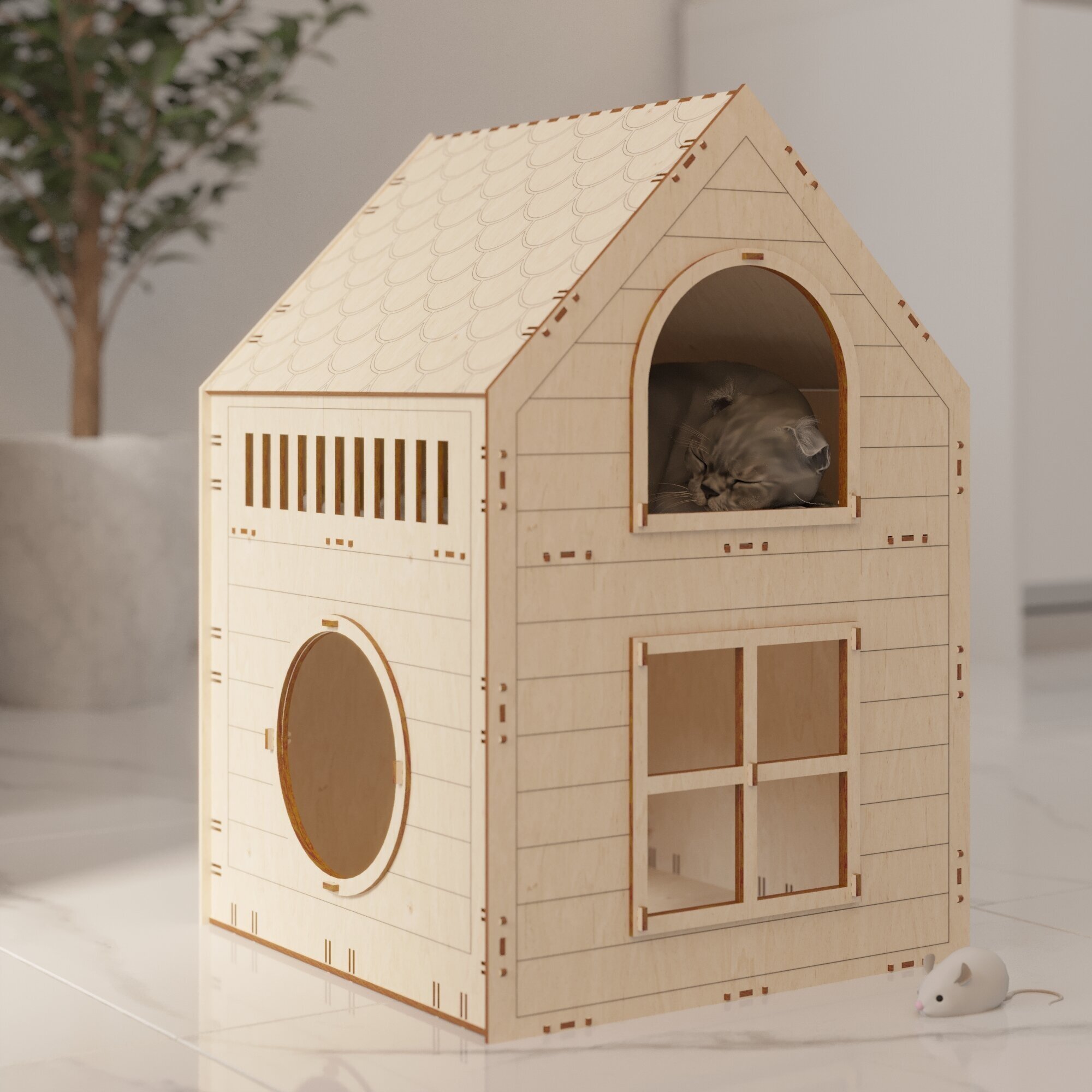 Деревянный домик Вардис для кошек, двухэтажная лежанка из фанеры - фотография № 6