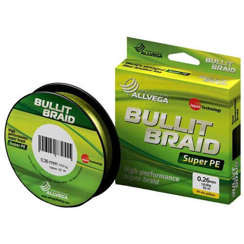 Плетеный шнур ALLVEGA BULLIT BRAID d=0.26 мм, 92 м, 18.6 кг, hi-vis yellow, 1 шт.