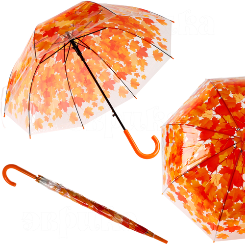 Зонт-трость ЭВРИКА подарки и удивительные вещи, полуавтомат, купол 80 см, 8 спиц, прозрачный, оранжевый, красный