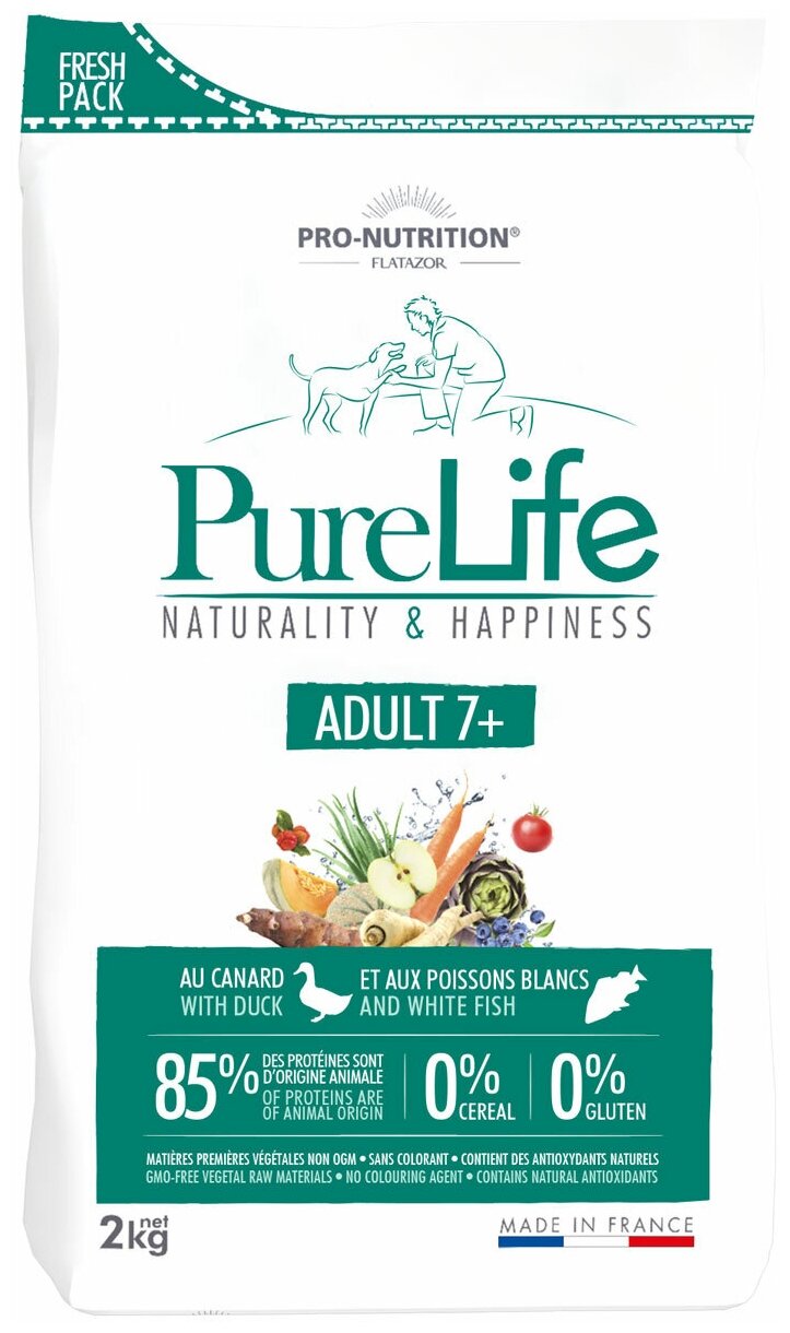 FLATAZOR PURE LIFE ADULT 7+ беззерновой для пожилых собак всех пород с уткой и белой рыбой (2 кг)
