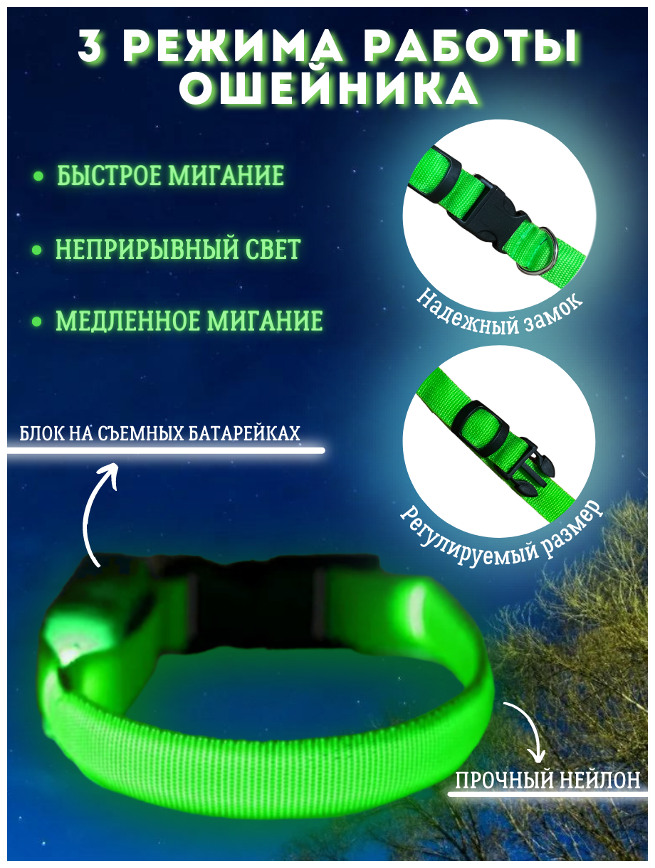 Светящийся светодиодный нейлоновый ошейник LED для собак Pet Paradise, для крупных пород с регулировкой длины обхват шеи 48-57 см размер L зеленый - фотография № 2