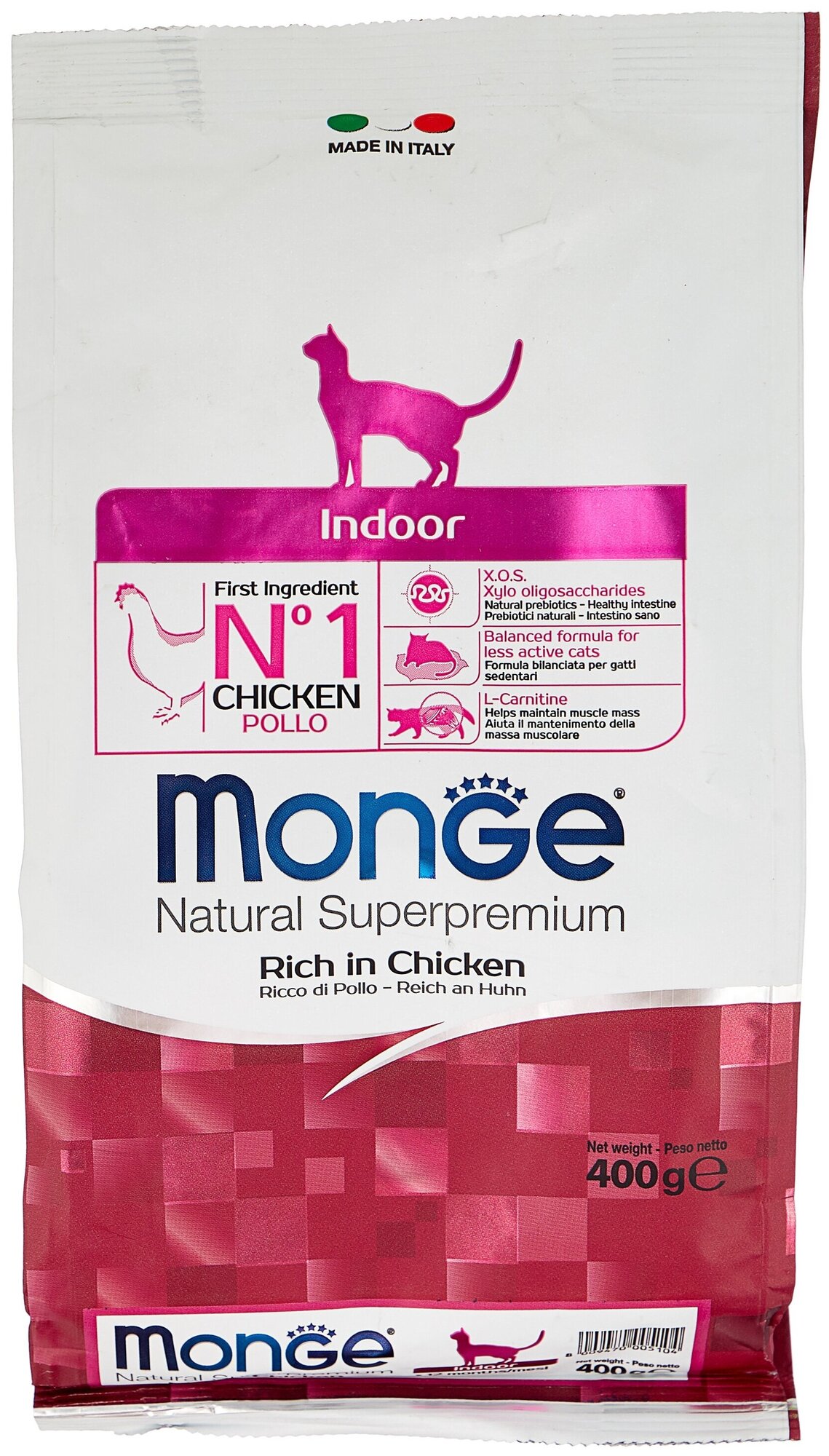 Сухой корм для кошек Monge Natural Superpremium Cat Indoor, для живущих в помещении, с курицей, 2 шт. х 400 г