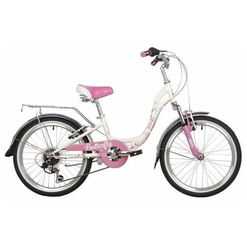 Детский велосипед NOVATRACK 20 BUTTERFLY сталь, белый-розовый, 6-скор, TY21/RS35/SG-6SI, V-brake, багажник