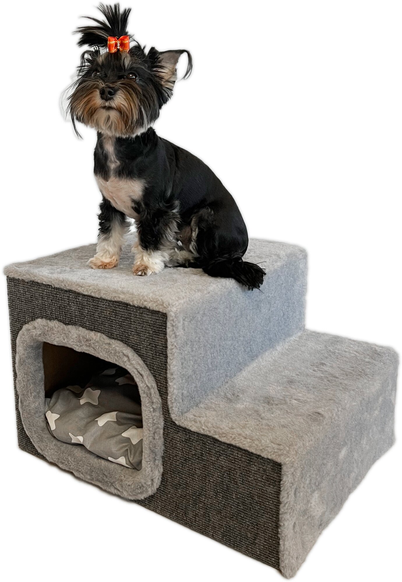 Лестница для собак и кошек на две ступени с домиком, серый, 48х40х30 см - фотография № 1