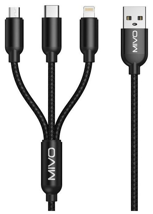 Кабель Mivo 3 in 1 USB - microUSB/USB Type-C/Lightning (MX-73), 1.2 м, 1 шт., черный