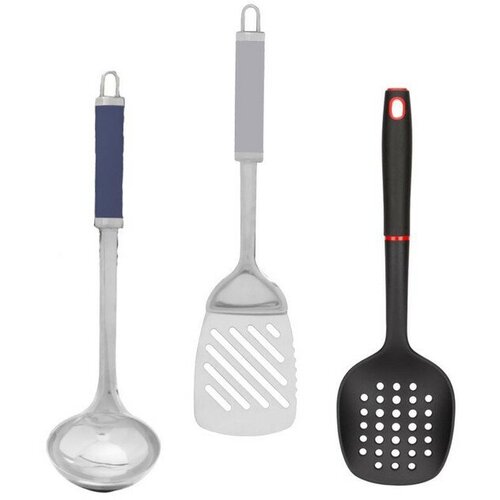 Набор кухонных принадлежностей из стали 3 предмета : лопатка, шумовка, половник