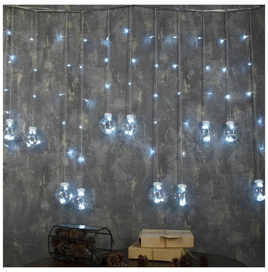 фото Гирлянда «Бахрома» 2.4 ? 0.7 м с насадками «Шарики», IP20, прозрачная нить, 108 LED, свечение белое, 8 режимов, 220 В