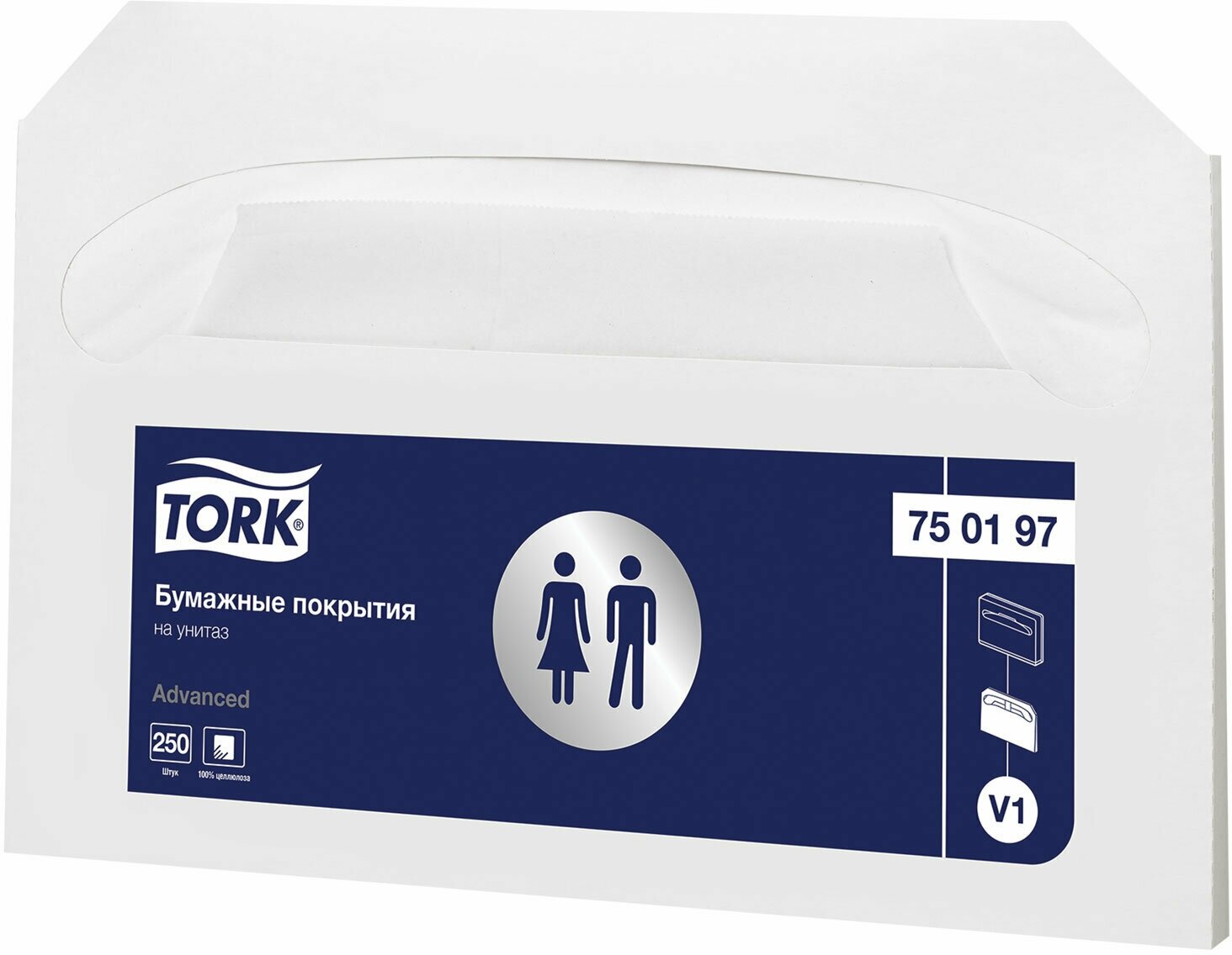 Покрытия на унитаз TORK (Система V1), 1/2 сложения, комплект 250 шт, 37х41 см, Advanced, белые, 750197