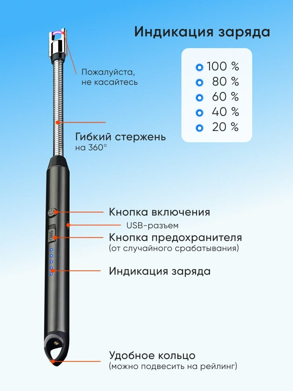 Зажигалка электронная для розжига печей мангалов свечей котлов АГВ костров