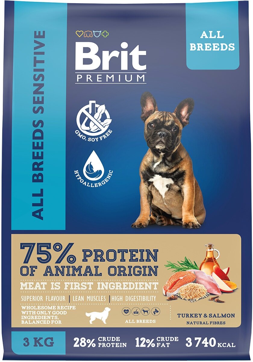 Brit Premium Dog Adult Sensitive сухой корм для взрослых собак всех пород с чувствительным пищеварением с индейкой и лососем - 15 кг