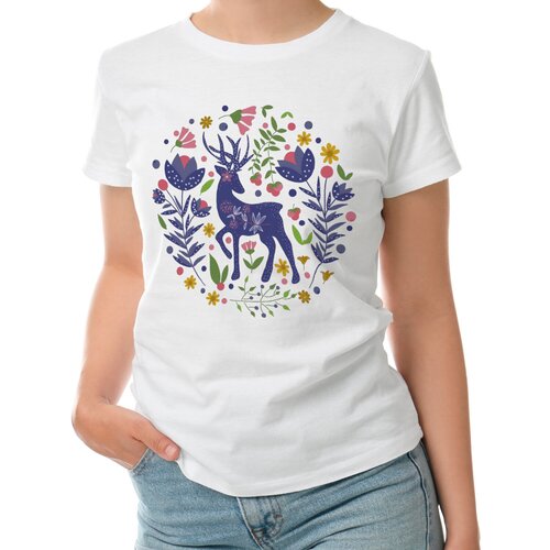 Женская футболка «Олень травы цветы» (XL, черный)