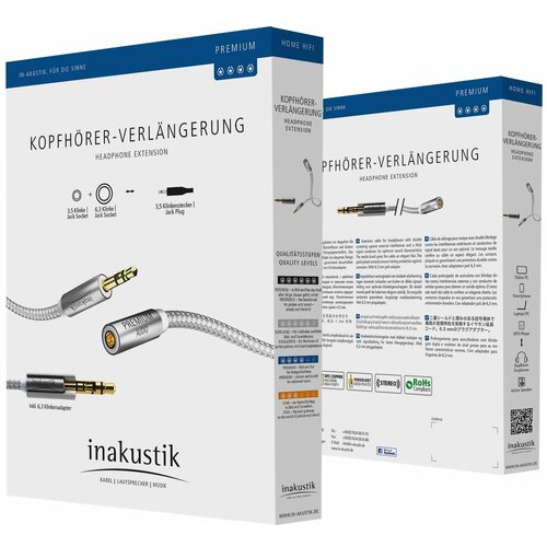 InAkustik Premium Extension Audio Cable 3.0m 3.5mm jack3.5mm jack(F)+6.3 jack adapter, 00410203