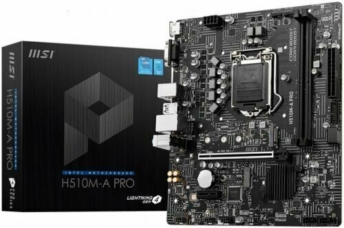 Материнская плата mATX MSI H510M-A PRO (LGA1200, H510, 2*DDR4(3200), 4*SATA 6G, M.2, 2*PCIE, 7.1CH, Glan, 4*USB 3.2, HDMI/VGA)