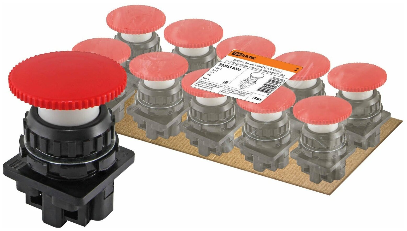 TDM Выключатель кнопочный КЕ 021-У2-исп.3 гриб без фиксации красный 2р 10A 660B IP40 SQ0753-0020 - фотография № 1