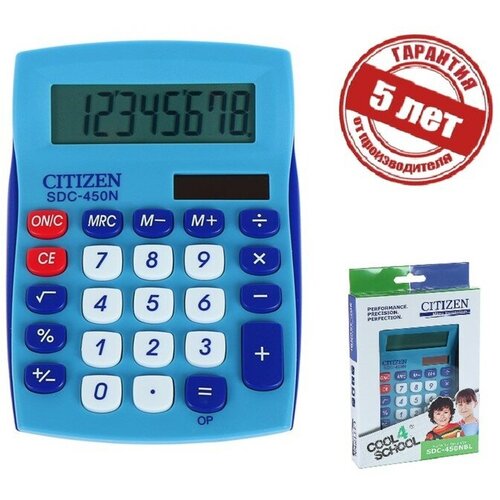 Citizen Калькулятор настольный Citizen SDC-450NBLCFS, 8-разрядный, 120 х 87 х 22 мм, двойное питание, синий