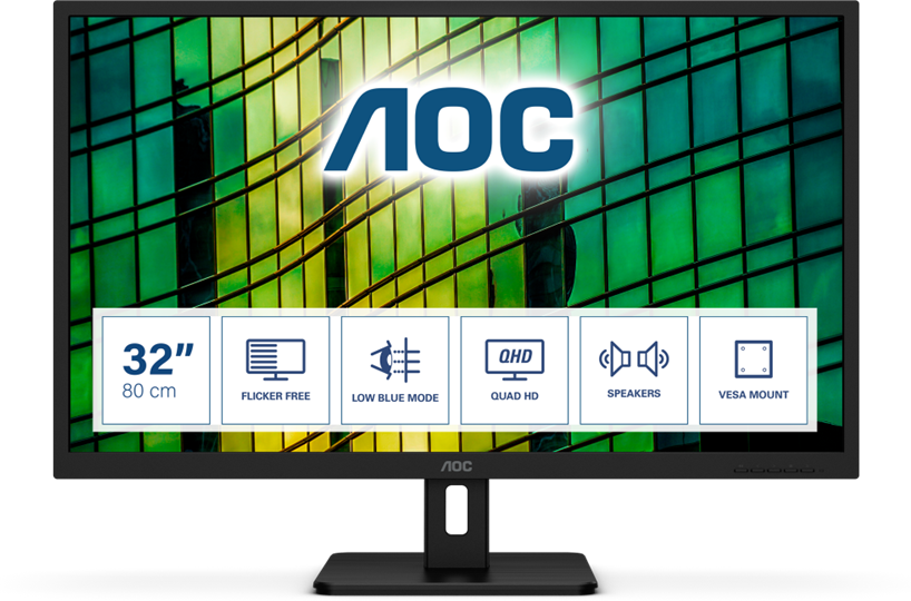 AOC Монитор LCD 31.5' [16:9] 2560х1440(WQHD) IPS, nonGLARE, 75 Hz, 250 cd/m2, H178°/V178°, 1200:1, 20М:1, 16.7M, 4ms, HDMI, DP, Tilt, Speakers, 3Y, Black