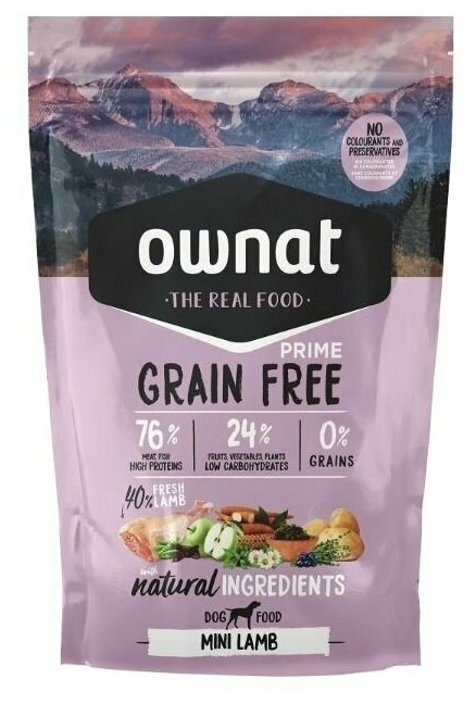 Ownat Mini Grain Free сухой корм для собак мелких пород беззерновой с ягненком, 400 гр, 2 шт