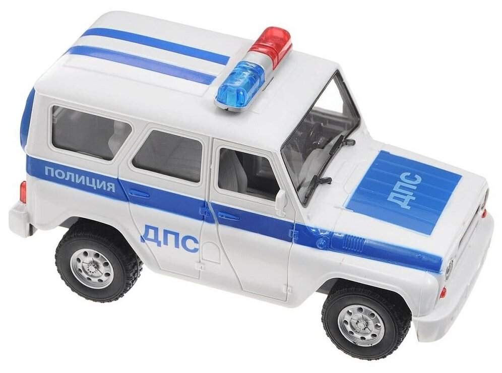 МАШИНА "ТЕХНОПАРК" ИНЕРЦ. УАЗ HUNTER ПОЛИЦИЯ ДПС, СВЕТ+ЗВУК В РУСС. КОР. 23*13*11СМ в кор.2*18шт - фото №1