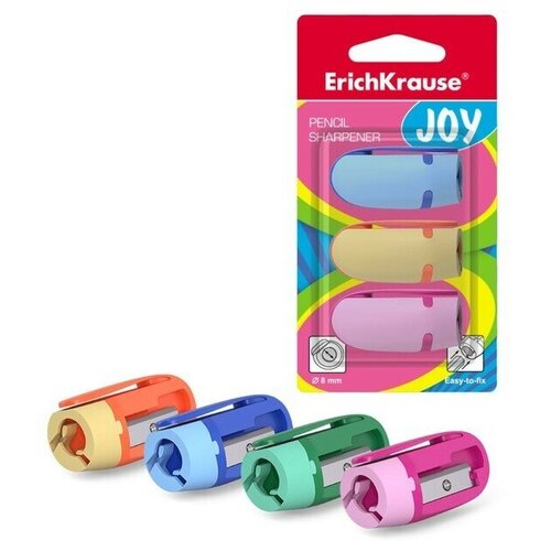 ErichKrause Точилка пластиковая, 1 отверстие, ErichKrause Joy, 3 штуки. в блистере, микс